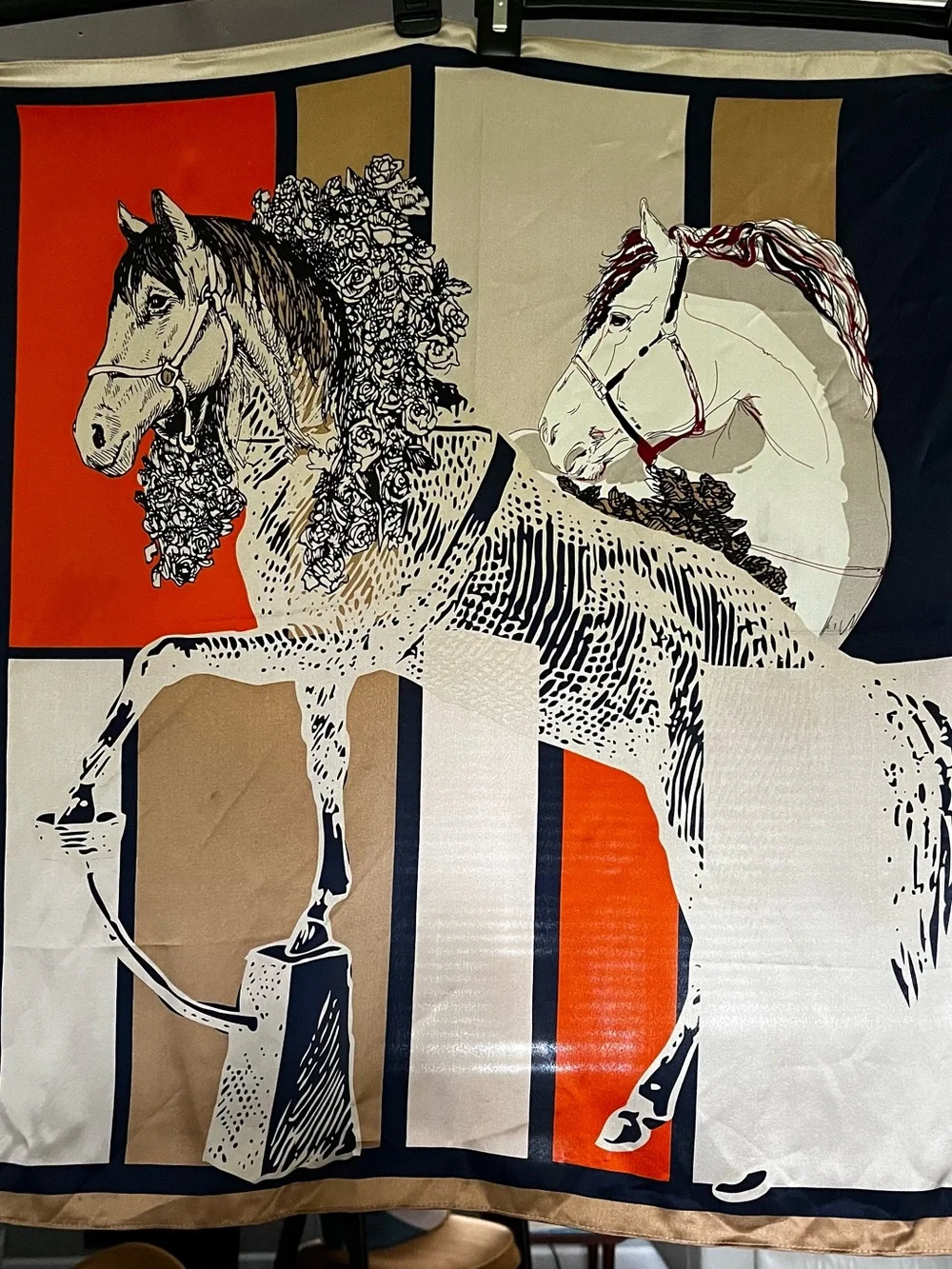 Equestrian Silk Scarf Print - Beige, Orange & Black